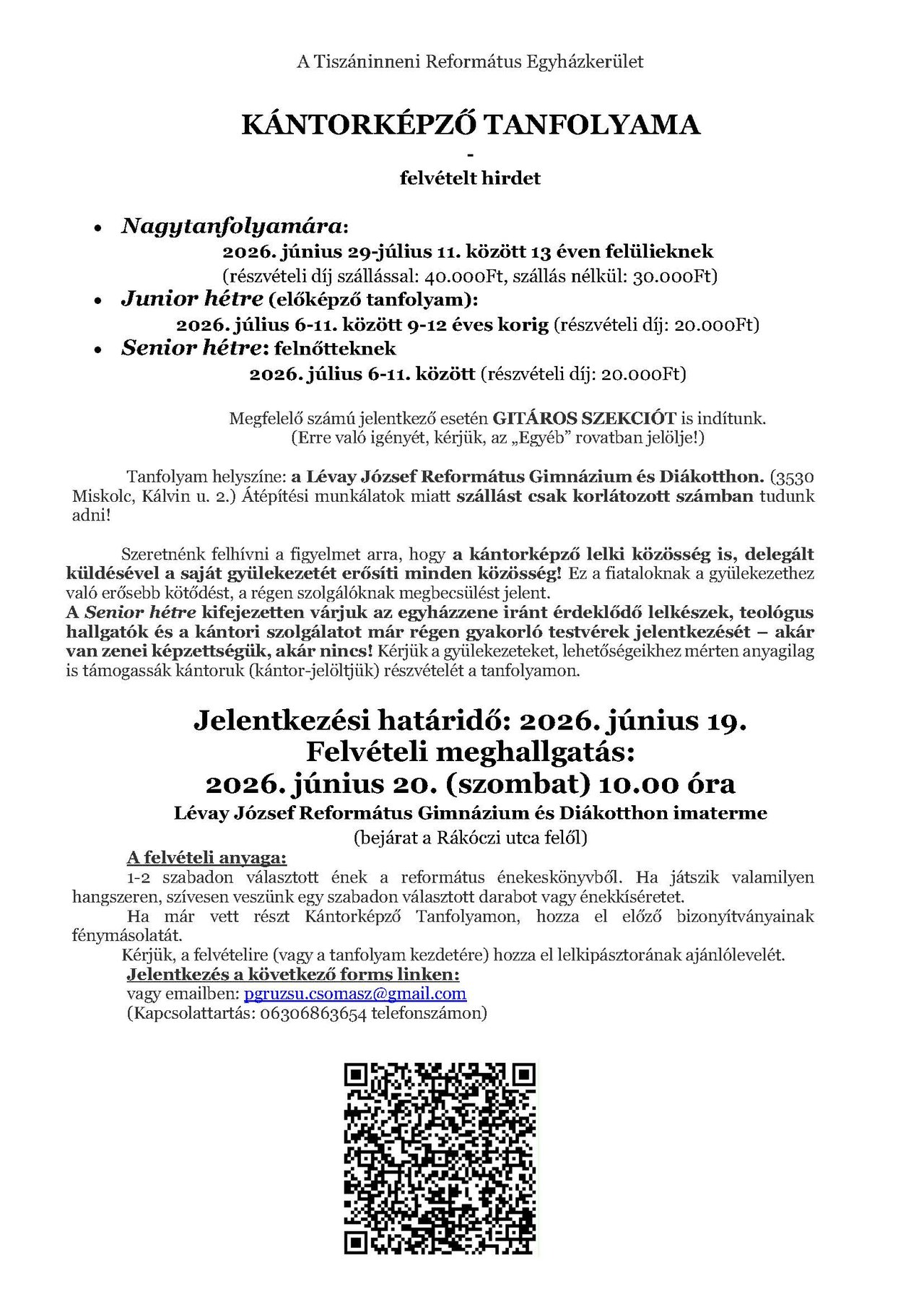 Kantorkepzo felveteli hirdetmeny 2026