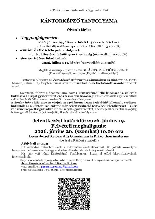 Kantorkepzo felveteli hirdetmeny 2026